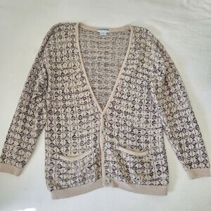 Vintage 100% Cotton Chunky Knit Pattern Tan Black Cardigan Sweater Large Mens